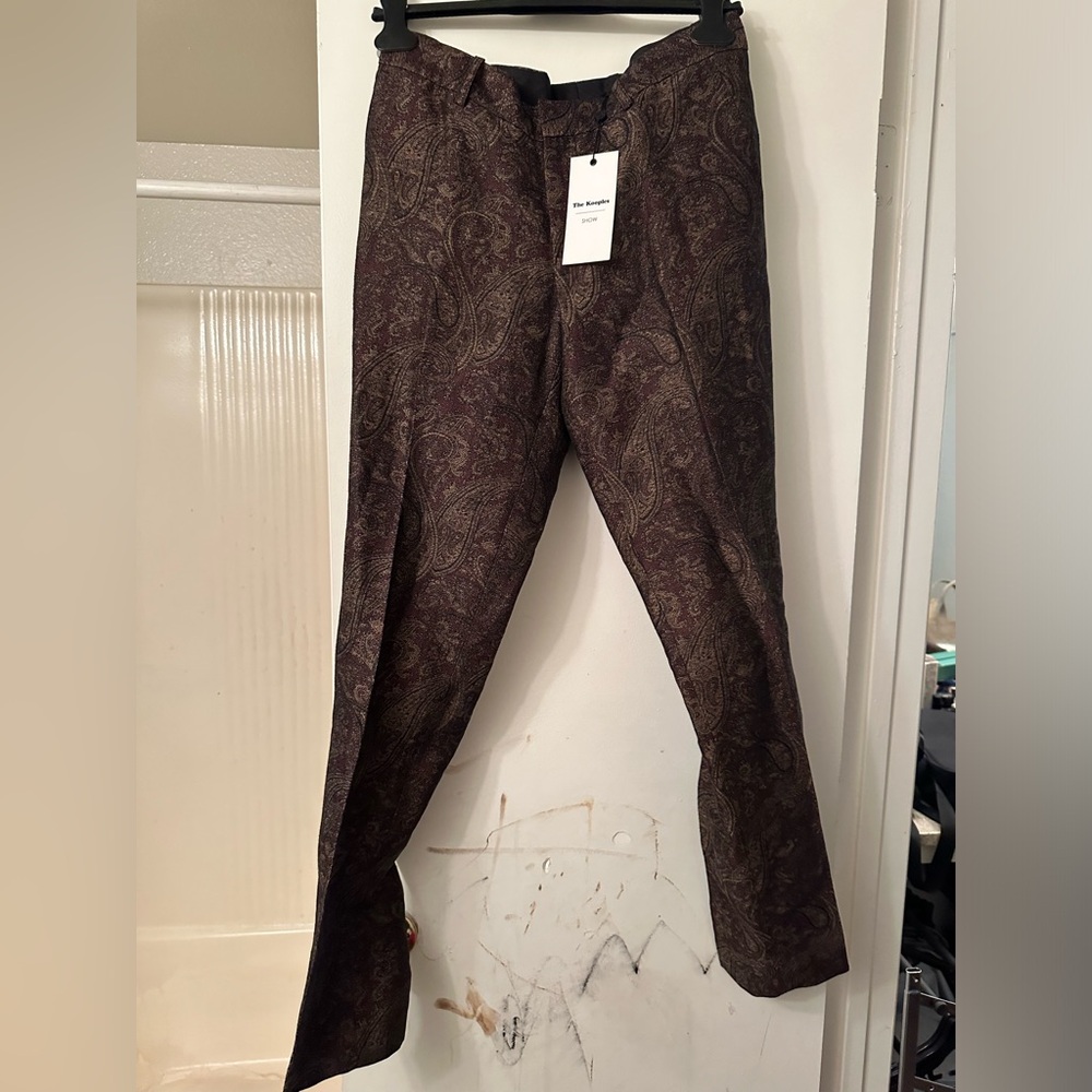 NWT THE KOOPLES Show Burgundy Gold Paisley Linen Cotton Zip Fly Dress Pants 48